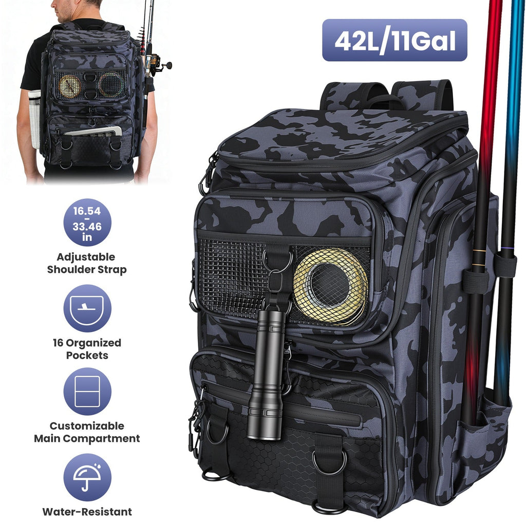 42L/11Gal Fishing Backpack Large Capacity Fishing Tackle Storage Bag with Rod Holders 16-Pocket Water-Resistant with Divider Adjustable Padded Straps