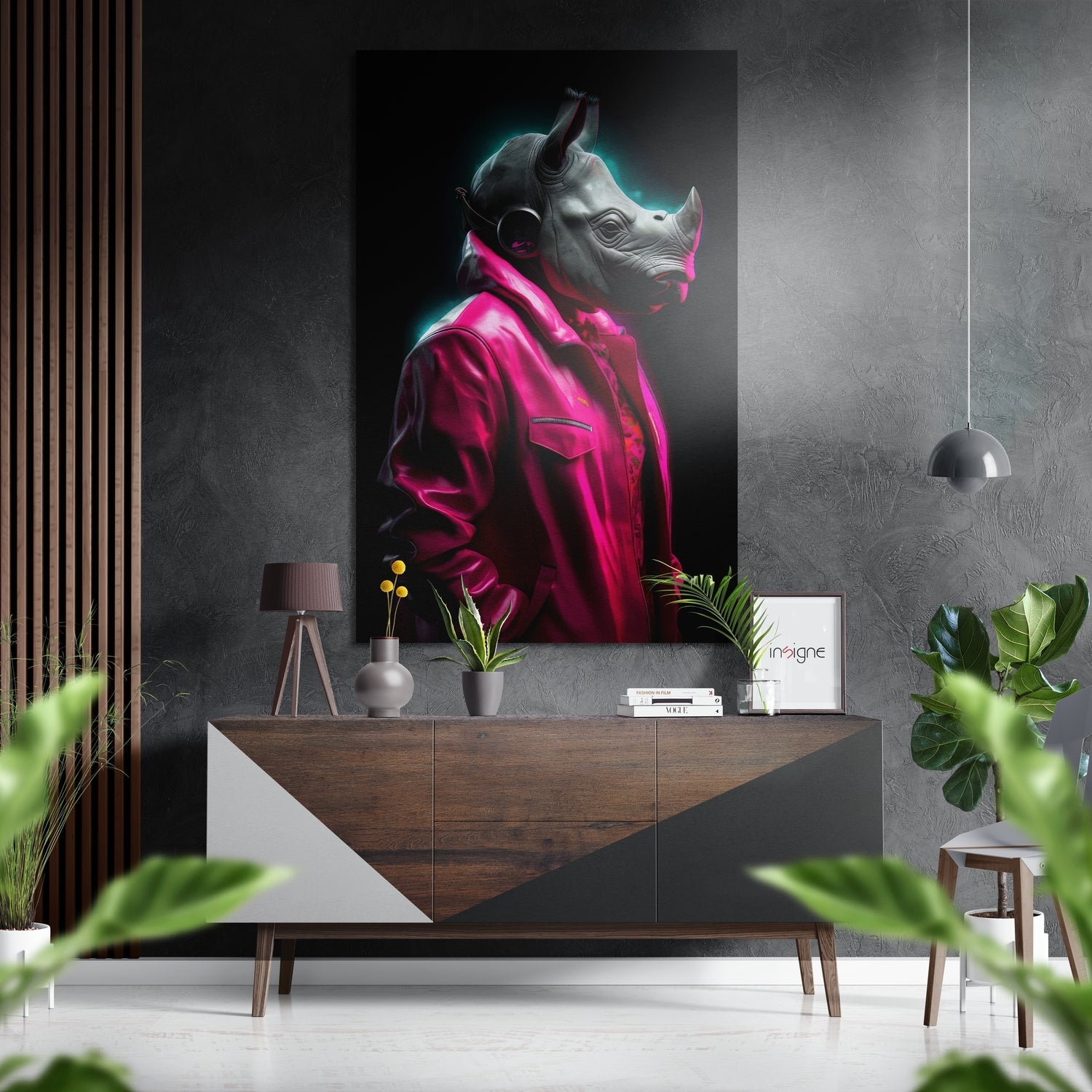 Magenta Jacket Rhino With Headphones Brushed Aluminum Dibond Wall Art