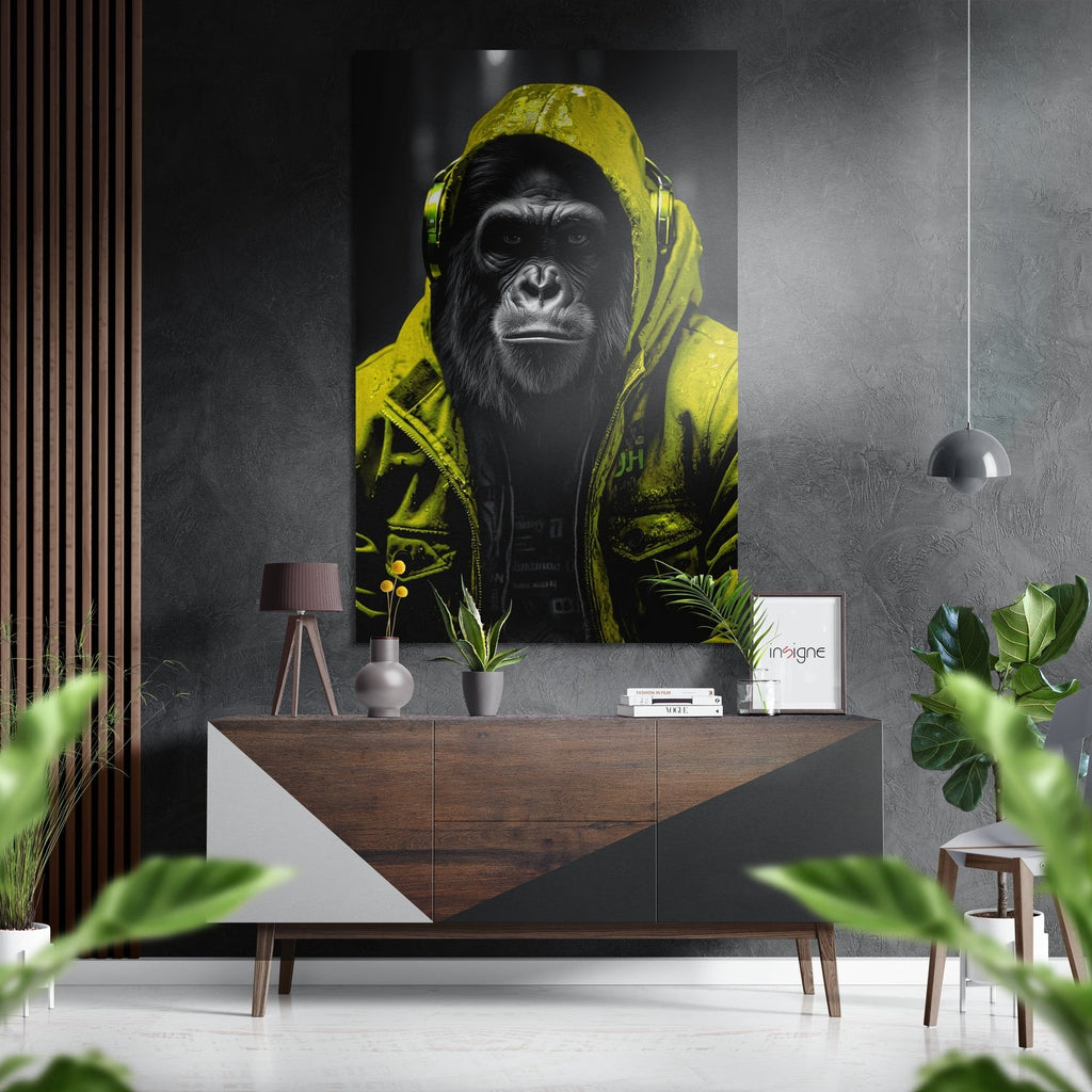 Yellow Hoodie DJ Gorilla Aluminum Brushed Aluminum Dibond Wall Art