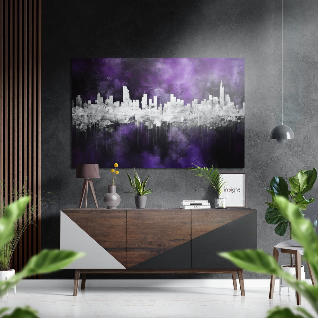 Purple Mirrored City Skyline Brushed Aluminum Dibond Wall Art