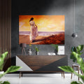 Woman in White Dress at Sunset Beach Brushed Aluminum Dibond Wall Art