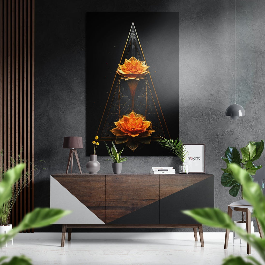 Twin Orange Lotus Gold Triangle Brushed Aluminum Dibond Wall Art