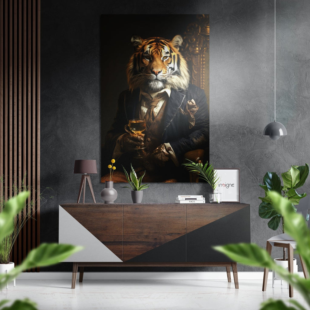 Black Suit Tiger With Whiskey Glass Brushed Aluminum Dibond Wall Art