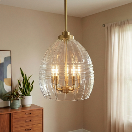 Pendant Chain Hanging Light – Satin Brass Finish & Clear Glass Shade | Modern Chic Ceiling Light