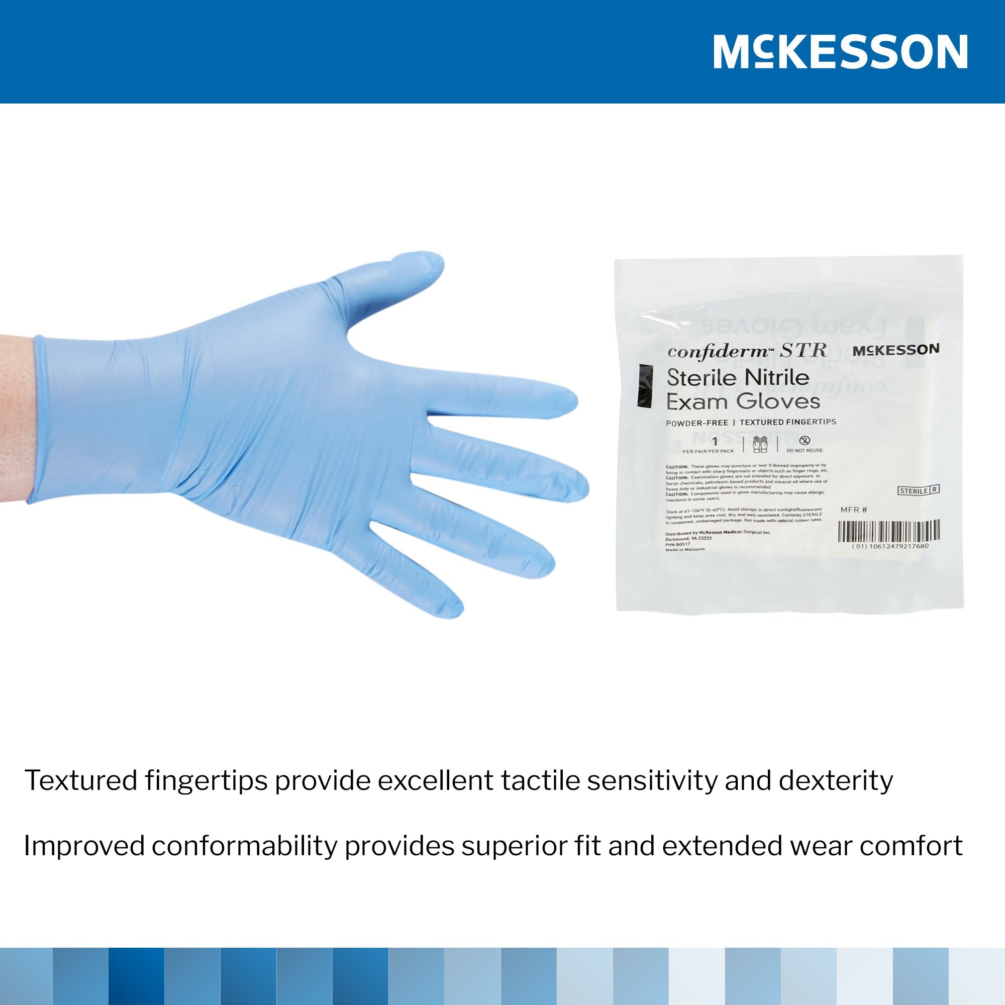 McKesson Confiderm® STR Nitrile Exam Glove, Large, Blue 14-6NSTR6