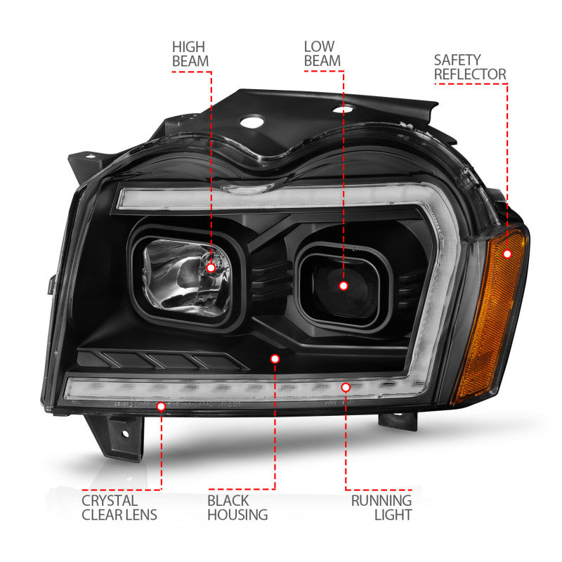 ANZO 2005-2007 Jeep Grand Cherokee Projector Headlights w/ Light Bar Switchback Black Housing 111543