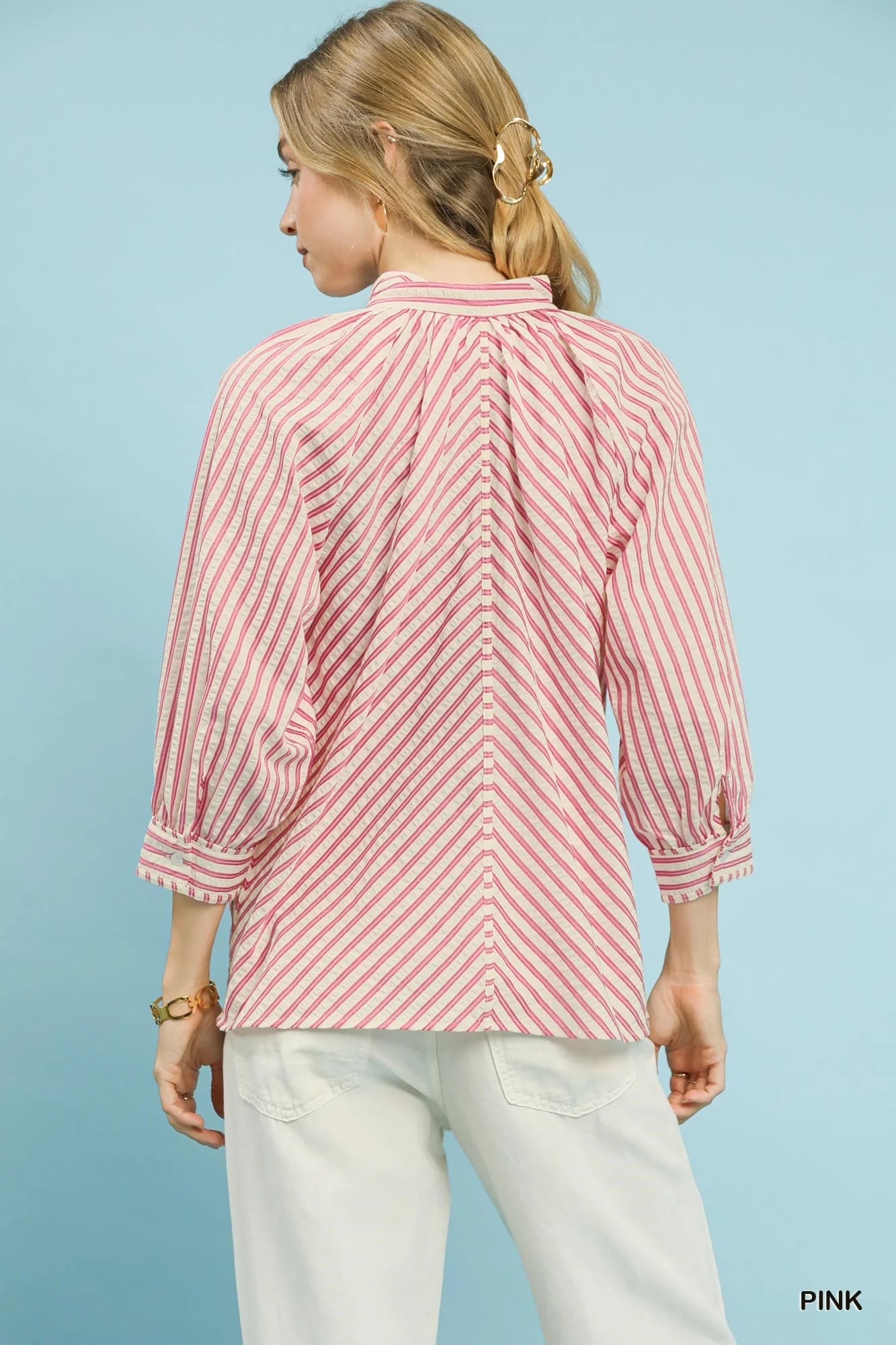 Umgee Striped V-Neck Button Down Top