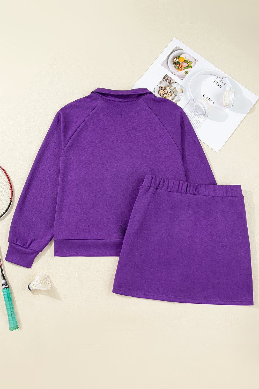 Wisteria Collar Half Zip Pullover Mini Skirt Plus Size 2pcs Set