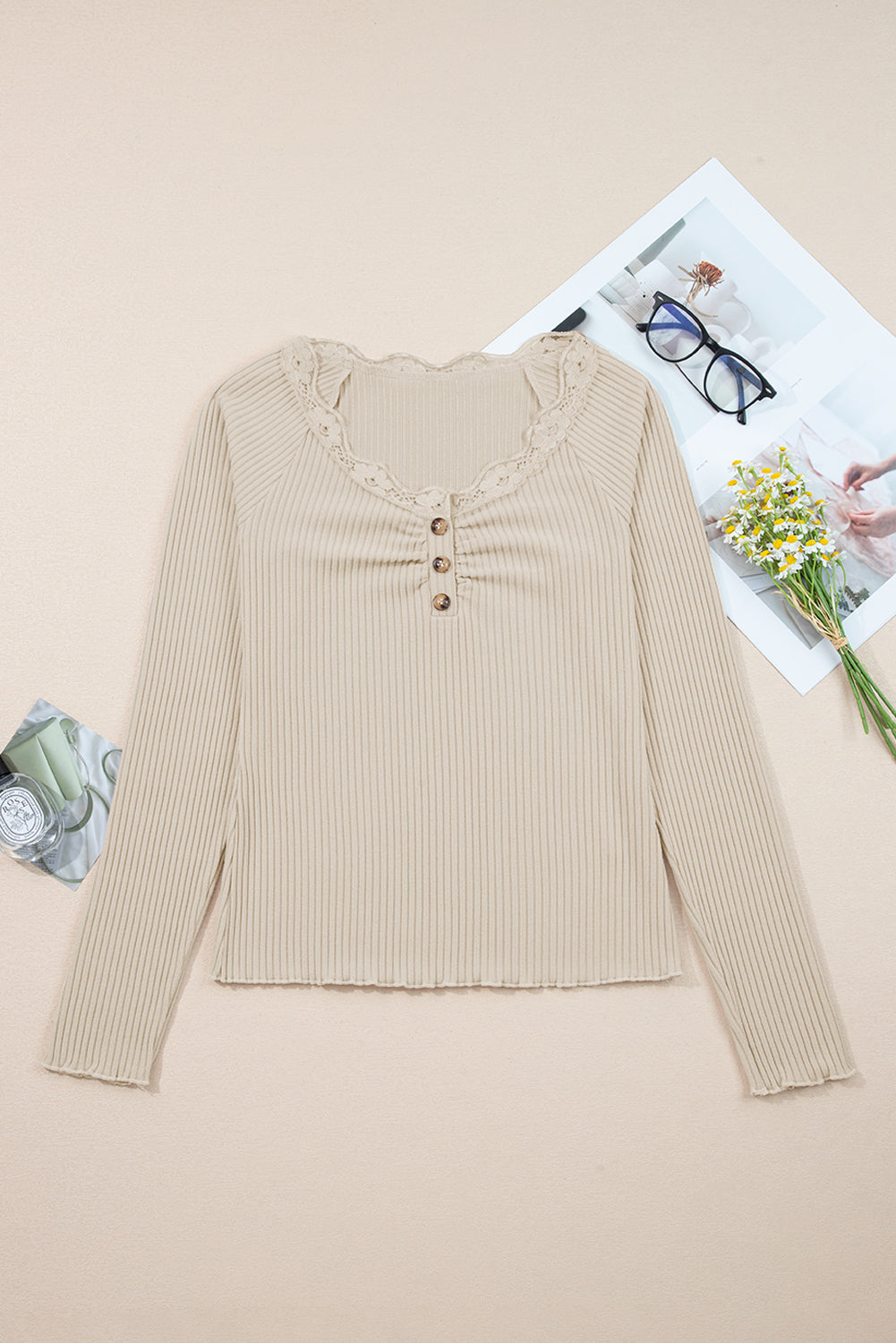 Black Lace Neckline Button Decor Lettuce Edge Long Sleeve Ribbed Top