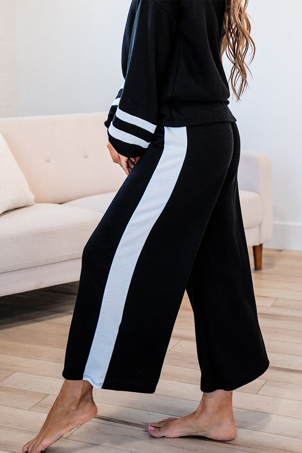 Mineral Red Varsity Stripe Patchwork Puff Sleeve Pullover Drawstring Wide Leg Pant Set