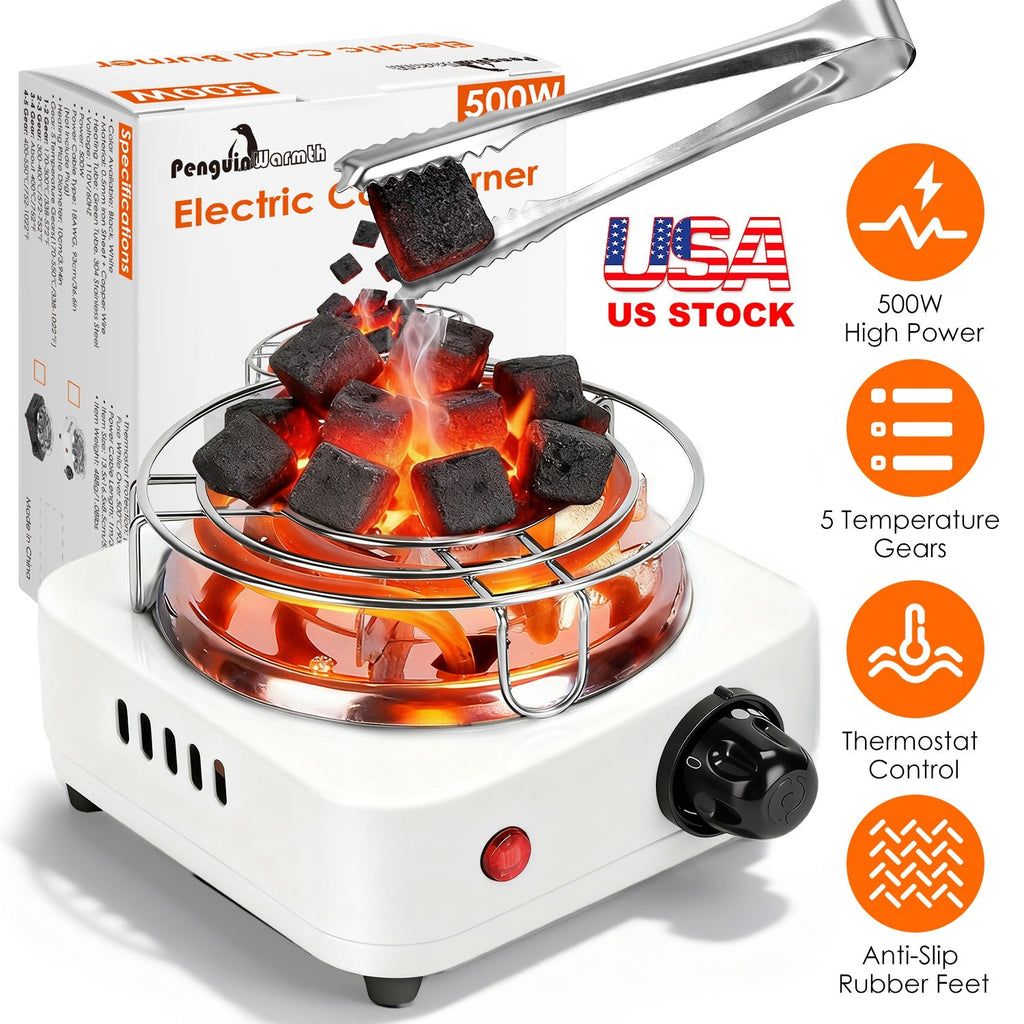 Electric Charcoal Burner 500W Hookah Charcoal Burner Compact Coal Burner for Hooka Cubes Shisha with Grill and Tongs 5 Temperature Gears 338℉-1022℉ Th