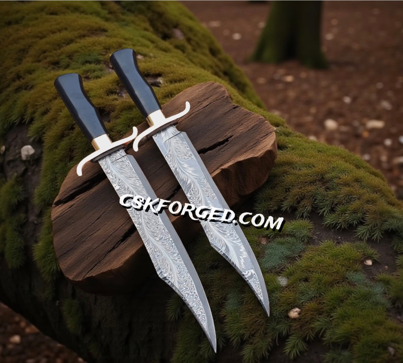 Alamo Musso Bowie Knife Set – Feather Damascus Steel Blades with Brass Guard & Micarta Handle | CSK Forged - PhishStones Products