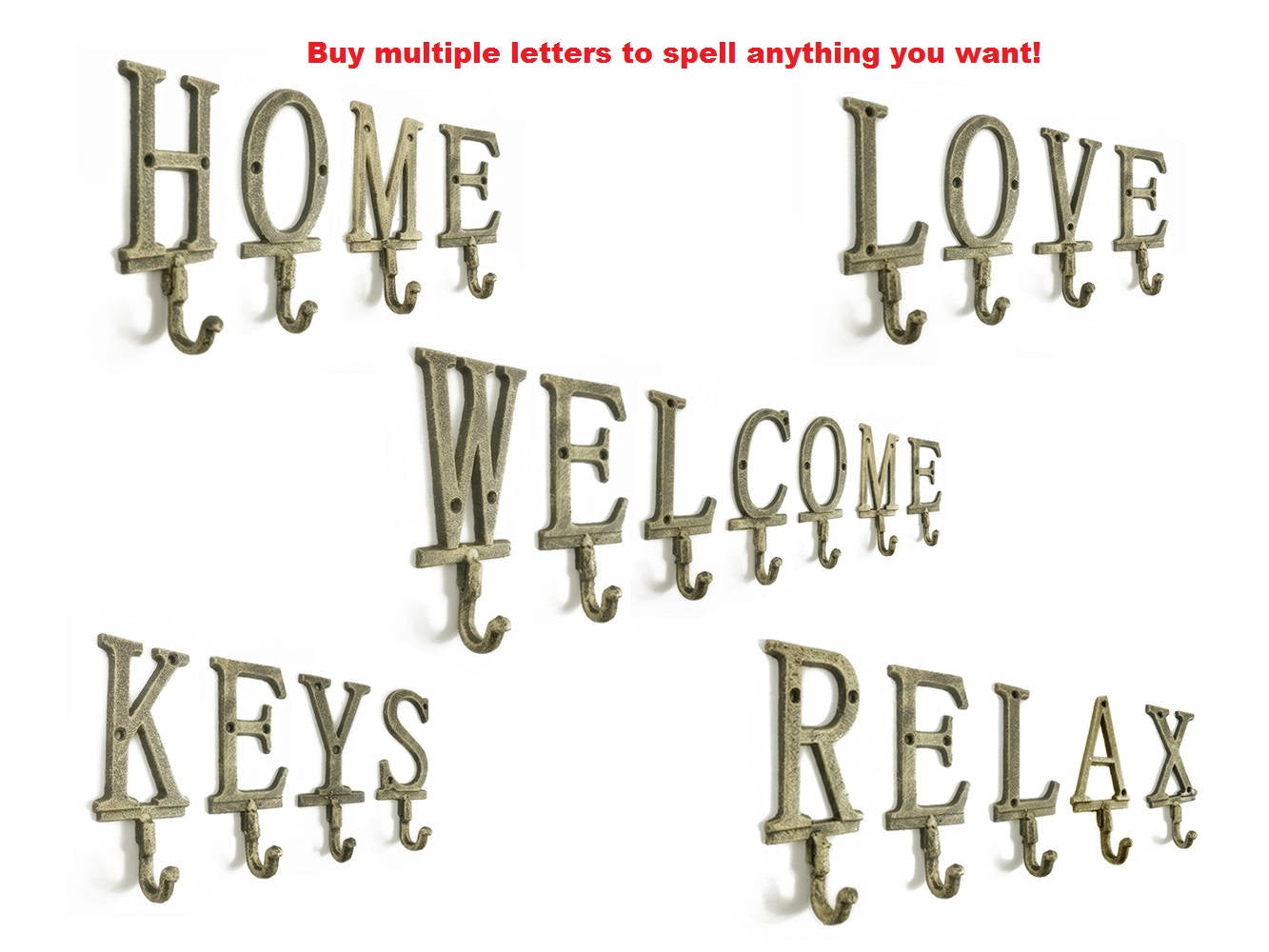Rustic Gold Cast Iron Letter H Alphabet Wall Hook 6""