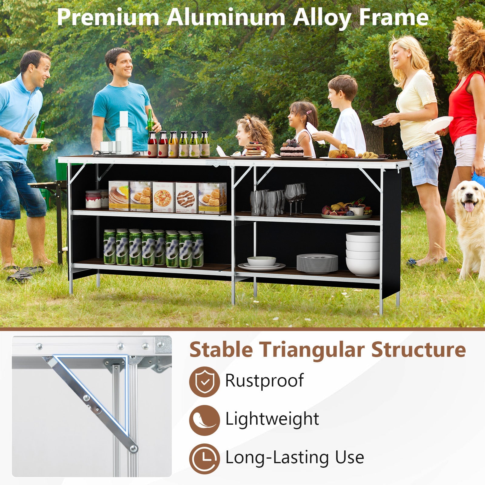 Aluminum Portable Picnic Table with 2-Tier Open Shelves and Spacious Tabletop
