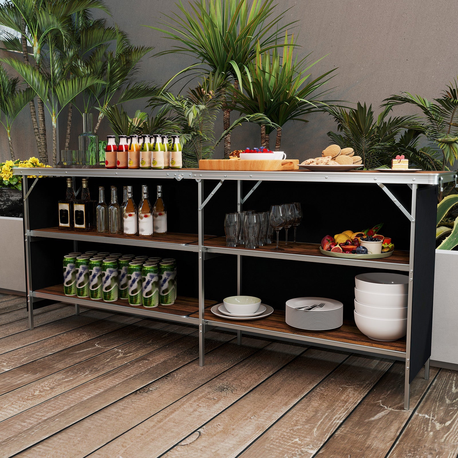 Aluminum Portable Picnic Table with 2-Tier Open Shelves and Spacious Tabletop