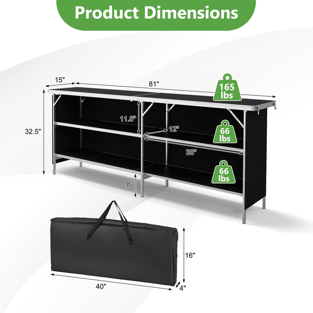 Aluminum Portable Picnic Table with 2-Tier Open Shelves and Spacious Tabletop