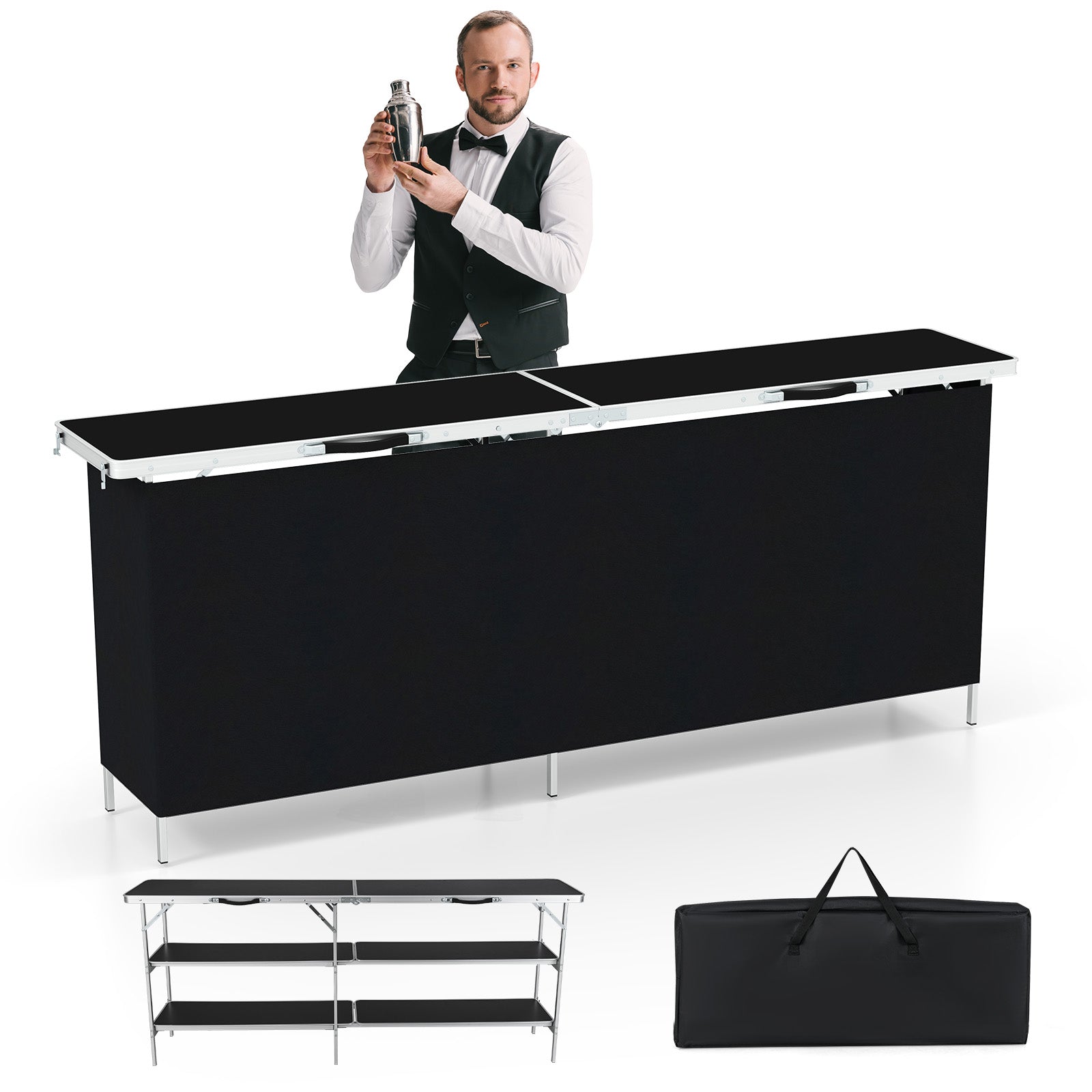 Aluminum Portable Picnic Table with 2-Tier Open Shelves and Spacious Tabletop