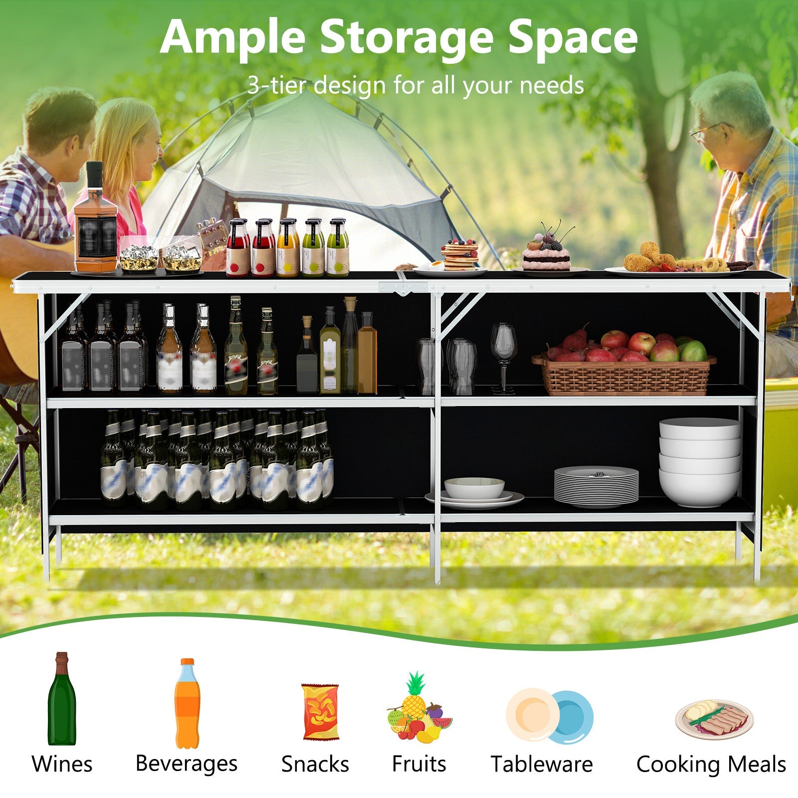 Aluminum Portable Picnic Table with 2-Tier Open Shelves and Spacious Tabletop