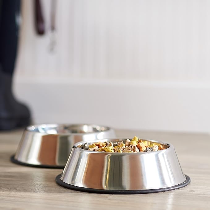 Amazon Basics Stainless Steel Non - Skid Pet Dog Water And Food Bowl, 2 - Pack (10 x 2.8 Inches), Each Holds Up to 4 Cups - PhishStones Products