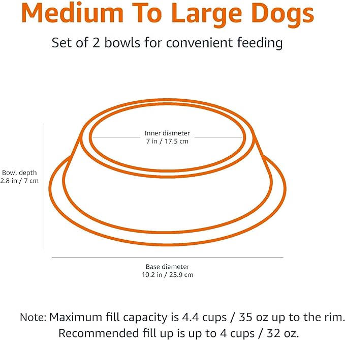 Amazon Basics Stainless Steel Non - Skid Pet Dog Water And Food Bowl, 2 - Pack (10 x 2.8 Inches), Each Holds Up to 4 Cups - PhishStones Products