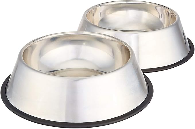 Amazon Basics Stainless Steel Non - Skid Pet Dog Water And Food Bowl, 2 - Pack (10 x 2.8 Inches), Each Holds Up to 4 Cups - PhishStones Products