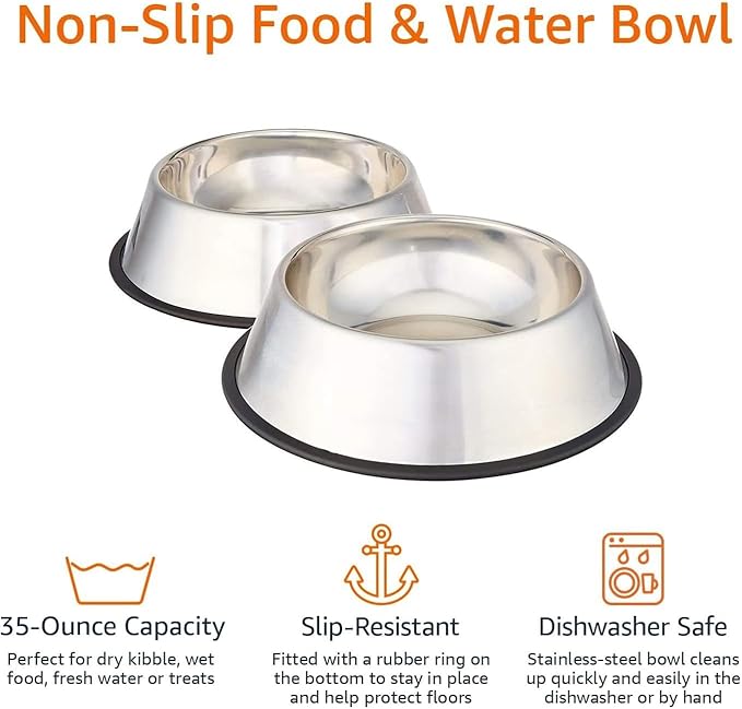 Amazon Basics Stainless Steel Non - Skid Pet Dog Water And Food Bowl, 2 - Pack (10 x 2.8 Inches), Each Holds Up to 4 Cups - PhishStones Products
