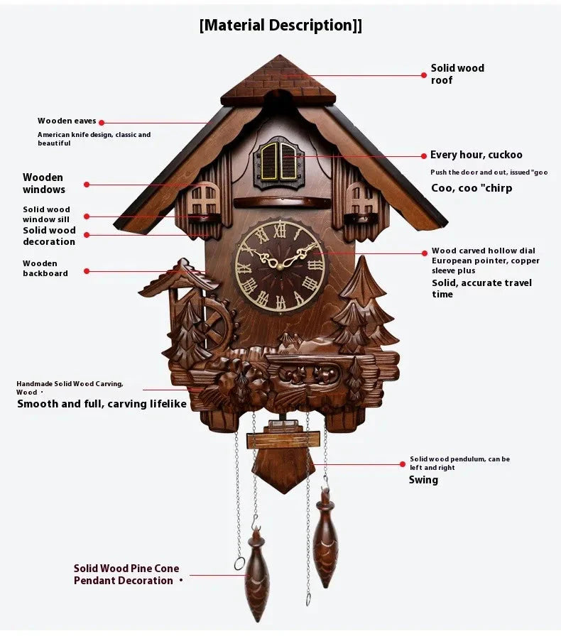 Antique Classic Solid Wood Hand - carved Cuckoo Wall Clock, Children's Music, Hour Announcement Swinging Creative Clock - PhishStones Products