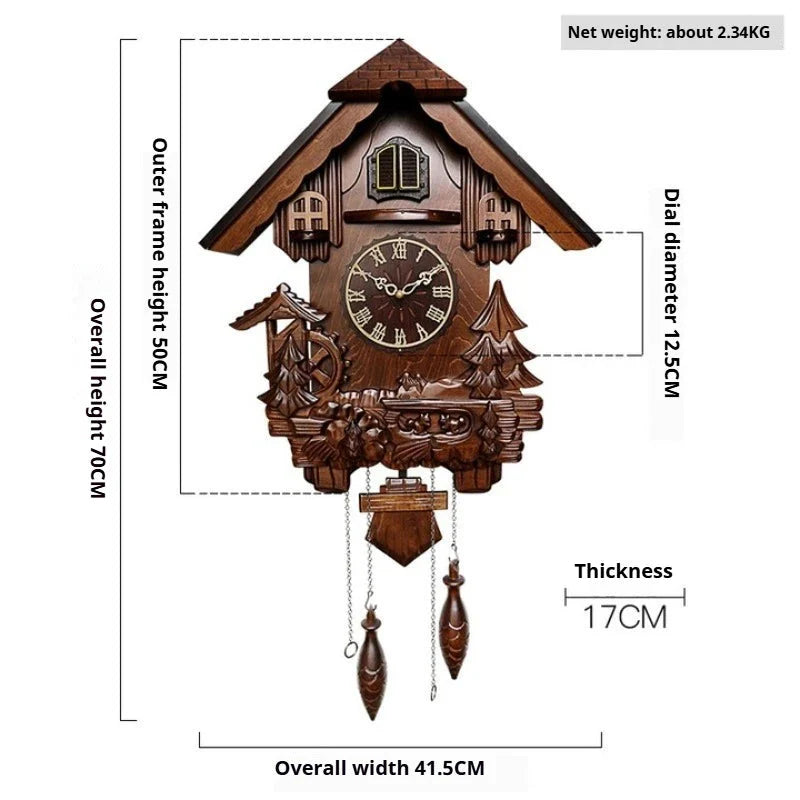 Antique Classic Solid Wood Hand - carved Cuckoo Wall Clock, Children's Music, Hour Announcement Swinging Creative Clock - PhishStones Products