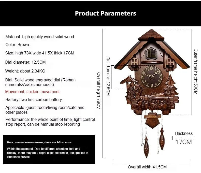 Antique Classic Solid Wood Hand - carved Cuckoo Wall Clock, Children's Music, Hour Announcement Swinging Creative Clock - PhishStones Products