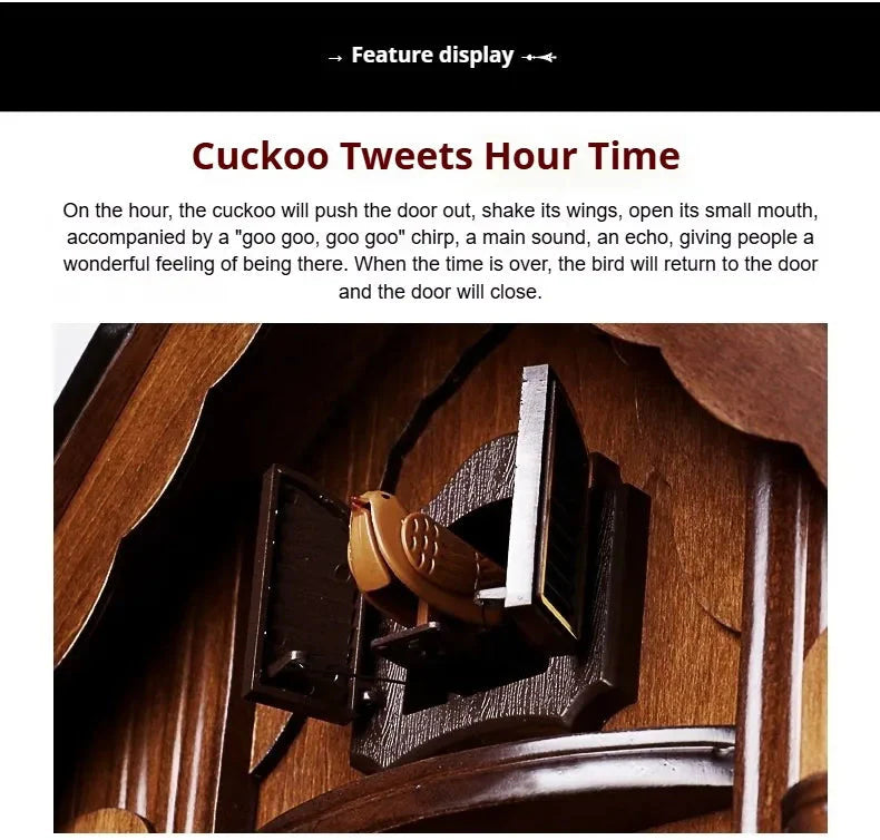 Antique Classic Solid Wood Hand - carved Cuckoo Wall Clock, Children's Music, Hour Announcement Swinging Creative Clock - PhishStones Products