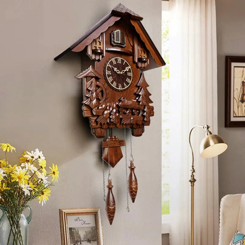 Antique Classic Solid Wood Hand - carved Cuckoo Wall Clock, Children's Music, Hour Announcement Swinging Creative Clock - PhishStones Products