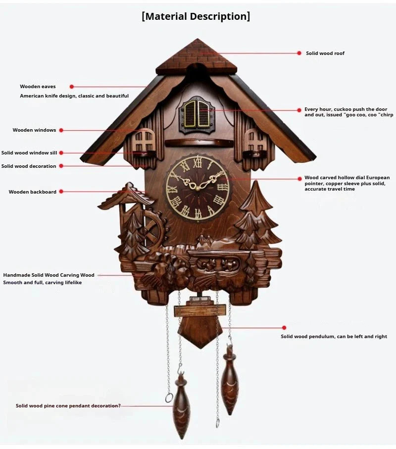 Antique Classic Solid Wood Hand - carved Cuckoo Wall Clock, Children's Music, Hour Announcement Swinging Creative Clock - PhishStones Products