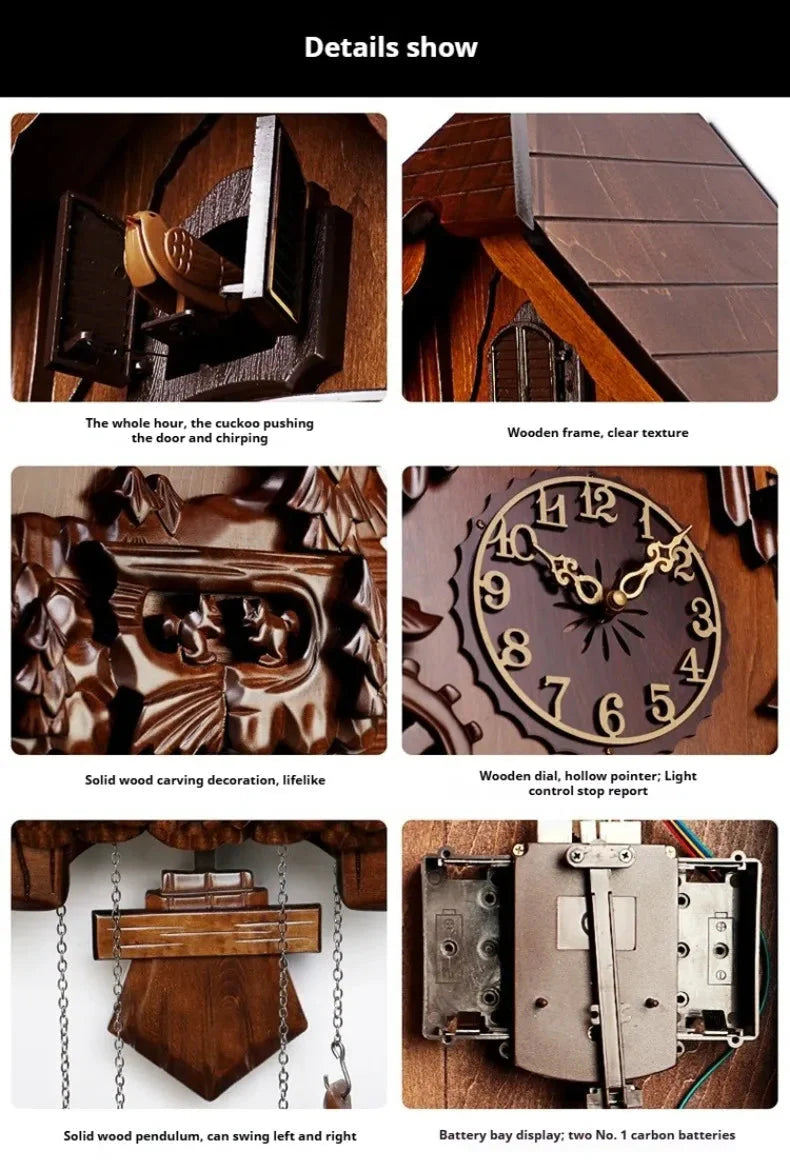 Antique Classic Solid Wood Hand - carved Cuckoo Wall Clock, Children's Music, Hour Announcement Swinging Creative Clock - PhishStones Products