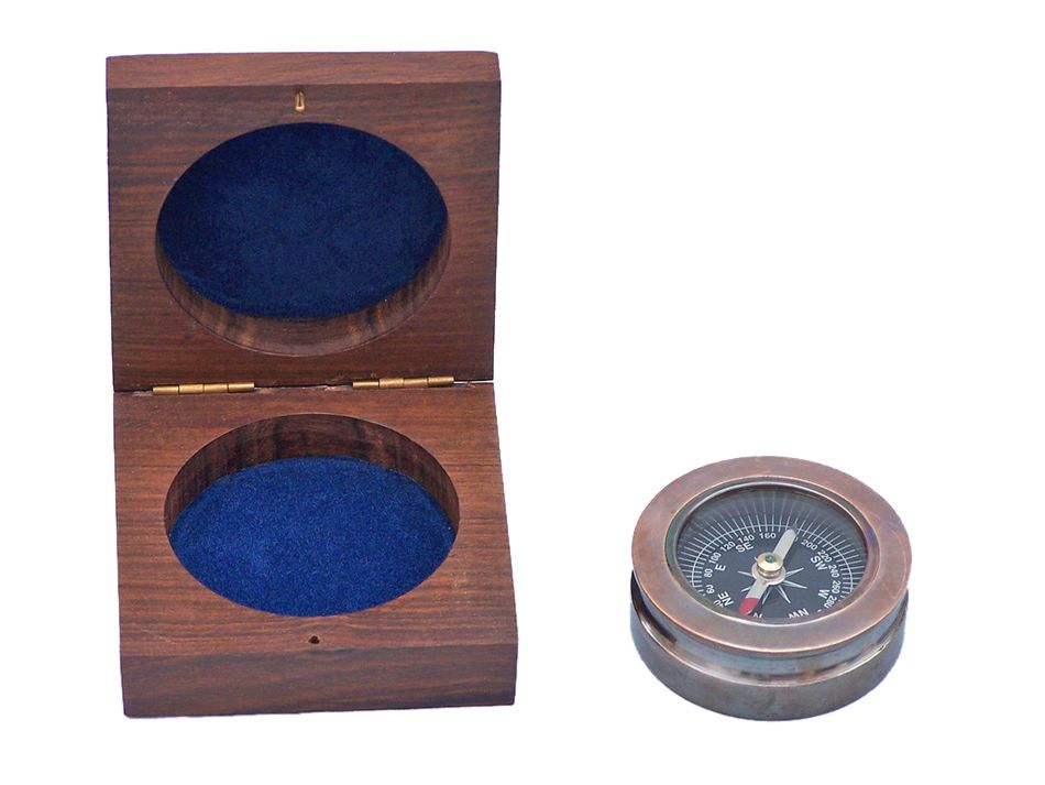 Antique Copper Paperweight Compass with Rosewood Box 3""