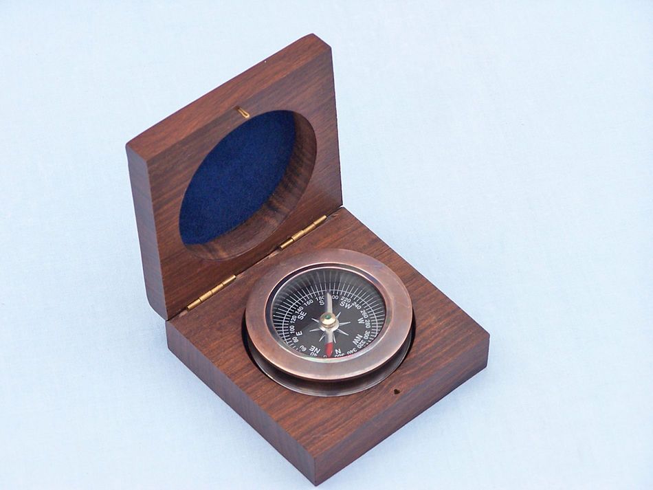 Antique Copper Paperweight Compass with Rosewood Box 3""