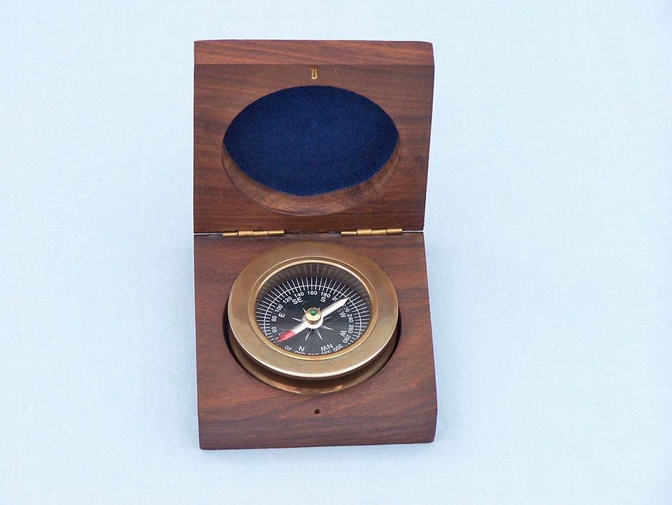 Antique Brass Paperweight Compass with Rosewood Box 3""