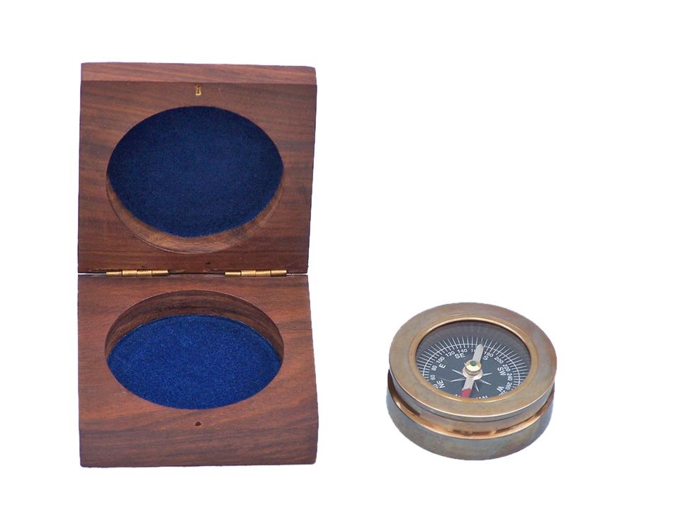 Antique Brass Paperweight Compass with Rosewood Box 3""