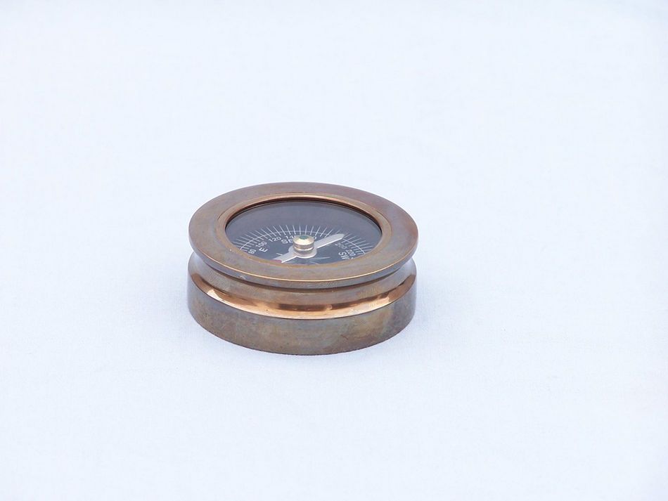 Antique Brass Paperweight Compass with Rosewood Box 3""