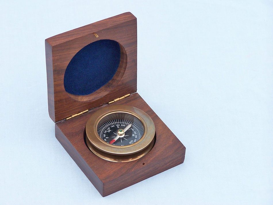 Antique Brass Paperweight Compass with Rosewood Box 3""