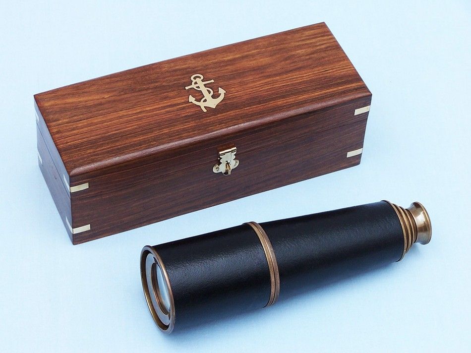 Deluxe Class Admiral's Antique Copper Leather Spyglass Telescope 27"" with Rosewood Box
