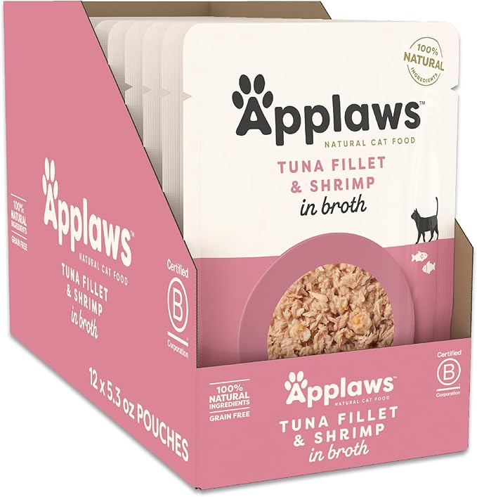 Applaws Natural Wet Cat Food in Broth, Limited Ingredient Wet Cat Food Pouches, No Additives, Made with Natural Ingredients, Tuna Fillet with Shrimp in Broth (12 x 5.3oz Pouches) - PhishStones Products