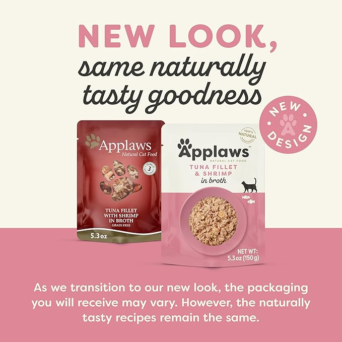 Applaws Natural Wet Cat Food in Broth, Limited Ingredient Wet Cat Food Pouches, No Additives, Made with Natural Ingredients, Tuna Fillet with Shrimp in Broth (12 x 5.3oz Pouches) - PhishStones Products