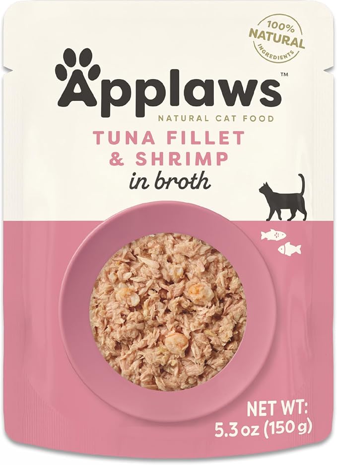 Applaws Natural Wet Cat Food in Broth, Limited Ingredient Wet Cat Food Pouches, No Additives, Made with Natural Ingredients, Tuna Fillet with Shrimp in Broth (12 x 5.3oz Pouches) - PhishStones Products