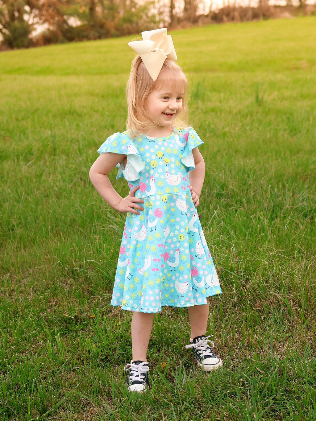Aqua Spring Chicken Floral Farm Print Girls Dress - PhishStones Products