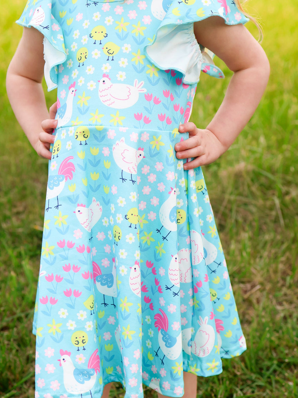 Aqua Spring Chicken Floral Farm Print Girls Dress - PhishStones Products