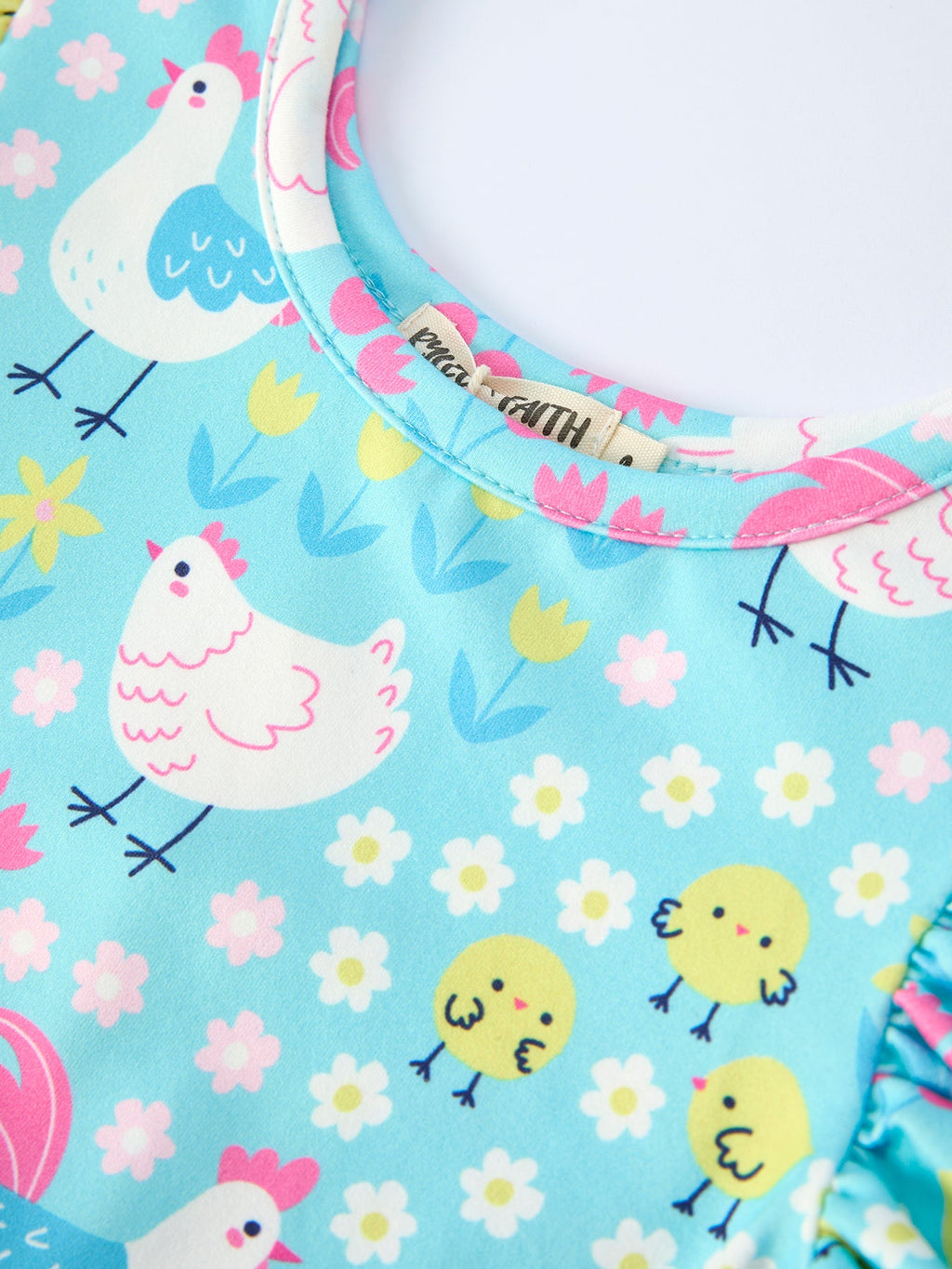 Aqua Spring Chicken Floral Farm Print Girls Dress - PhishStones Products