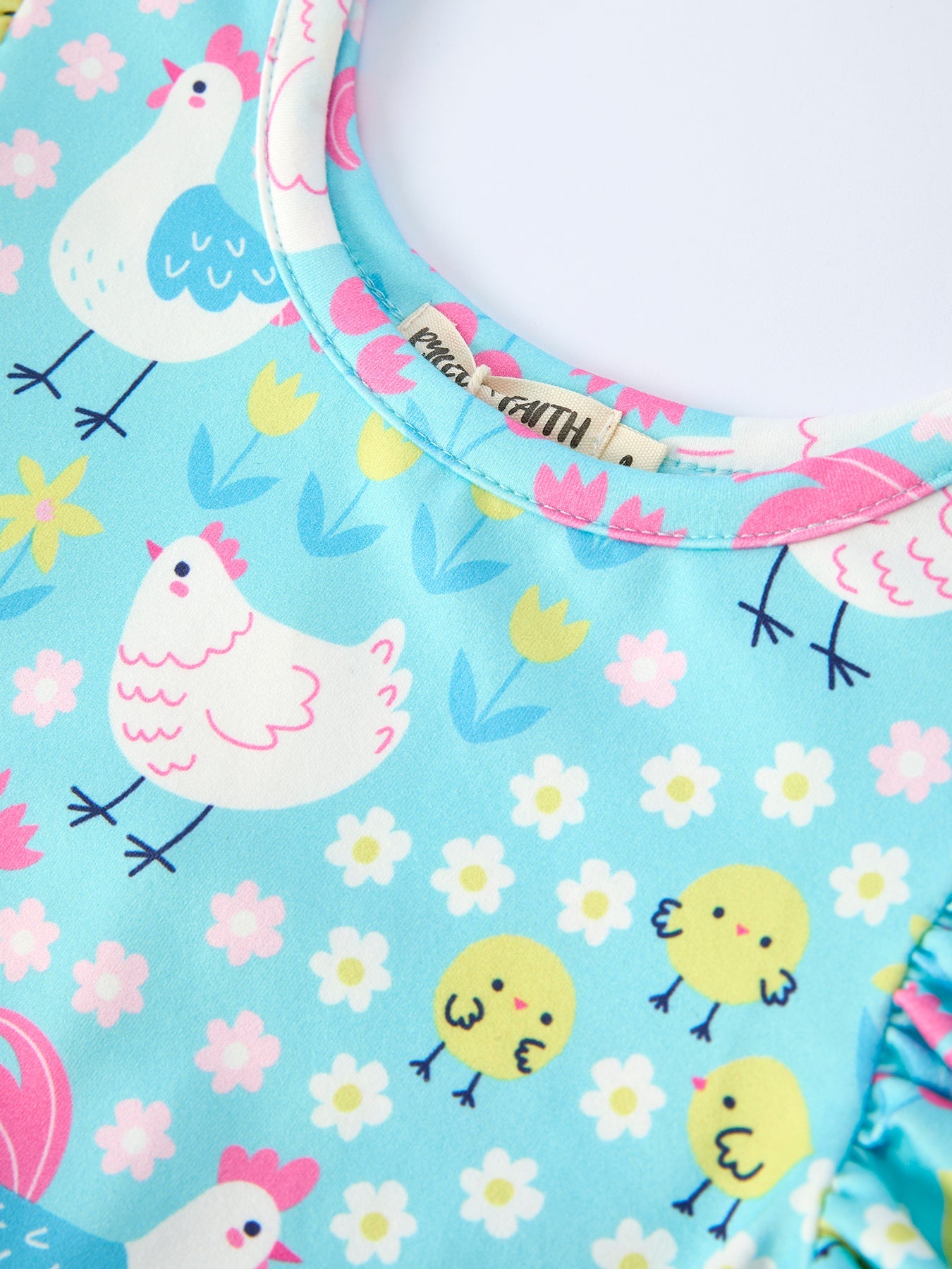 Aqua Spring Chicken Floral Farm Print Girls Dress - PhishStones Products