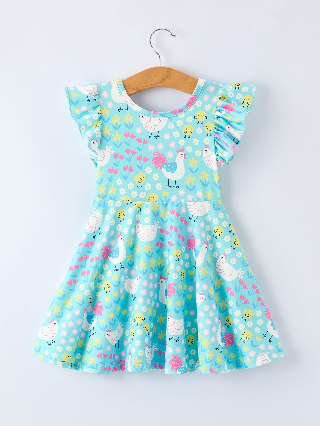 Aqua Spring Chicken Floral Farm Print Girls Dress - PhishStones Products
