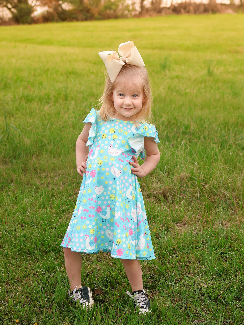 Aqua Spring Chicken Floral Farm Print Girls Dress - PhishStones Products