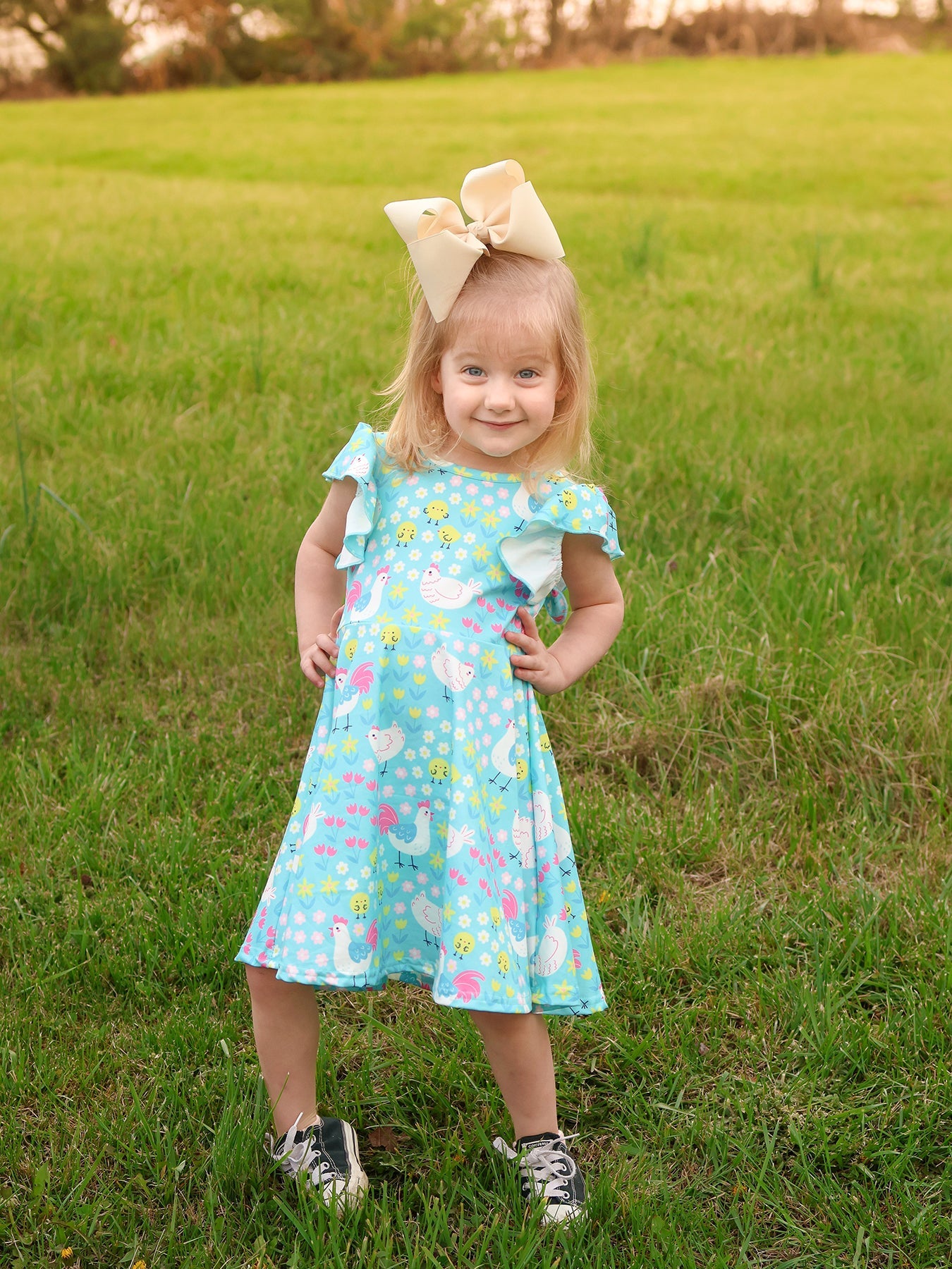 Aqua Spring Chicken Floral Farm Print Girls Dress - PhishStones Products